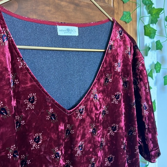 NATURAL LIFE Claire Velvet Boho Mini Dress Cranberry Fan Motif with Pockets| L - Picture 3 of 8